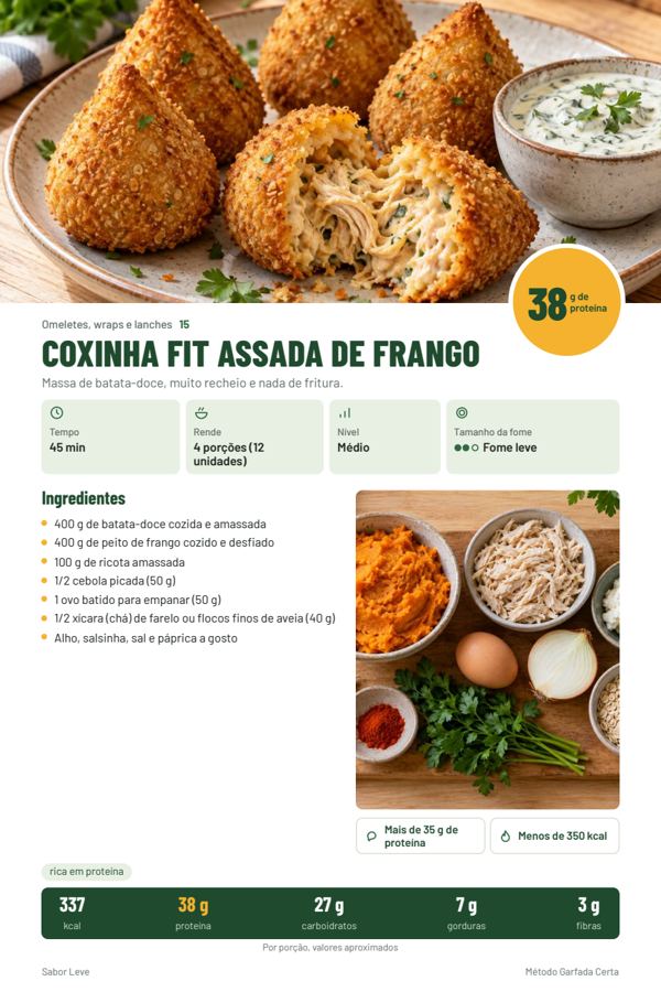 Página da receita de coxinha fit assada, com foto, ingredientes, 38 g de proteína e tabela nutricional